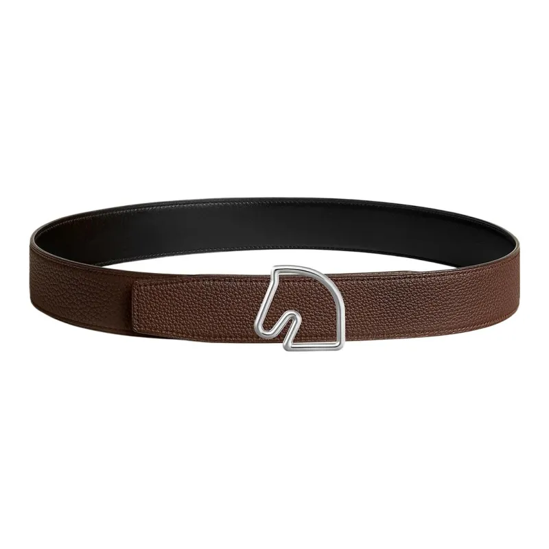 HERMES Tete De Cheval Horsehead Logo Reversible Smooth Buckle Calfskin Leather Belts Men's Black Width  3.8CM-1