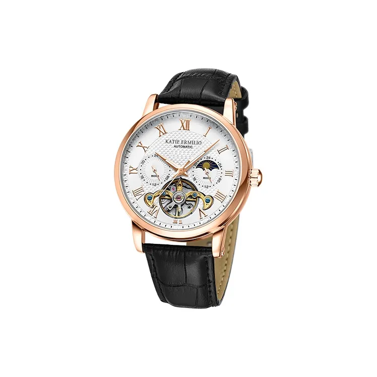Katie Ermilio Wrist Watch Automatic Mechanical Movement Genuine Leather Strap White Dial Men's Watches-18