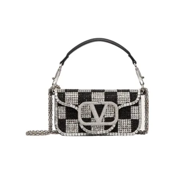 Valentino Locò Crystal Crossbody Handbag Shoulder Bag Small Size Women's Crystal Spelling Black