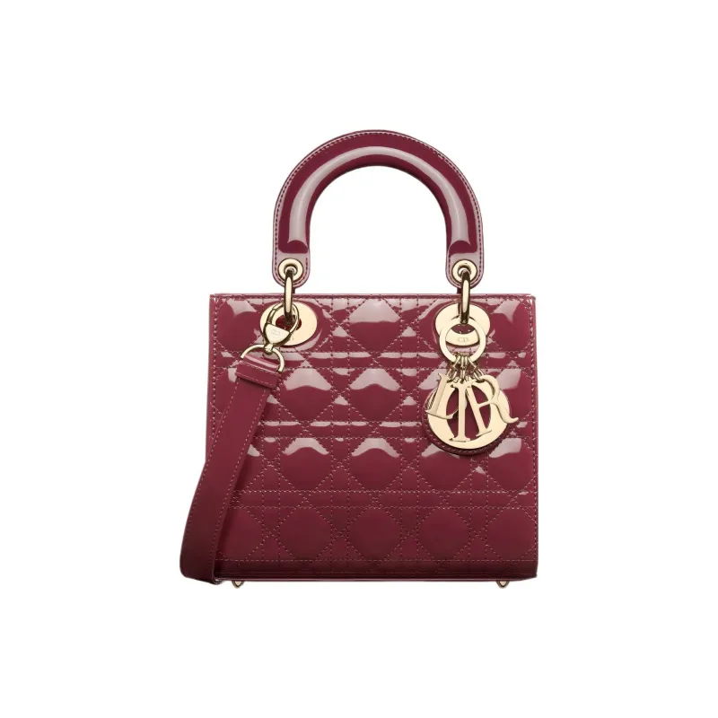 DIOR Lady Dior Patent Leather Cowhide Shoulder Bag Crossbody Bag Handbag Small Size Women's Deep Peach Red-0