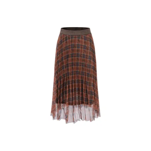 JZ. ANNAKRO Casual Long Skirts Women's Checkered Rust Red