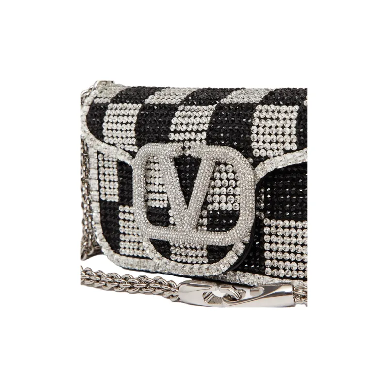 Valentino Locò Crystal Crossbody Handbag Shoulder Bag Small Size Women's Crystal Spelling Black-6