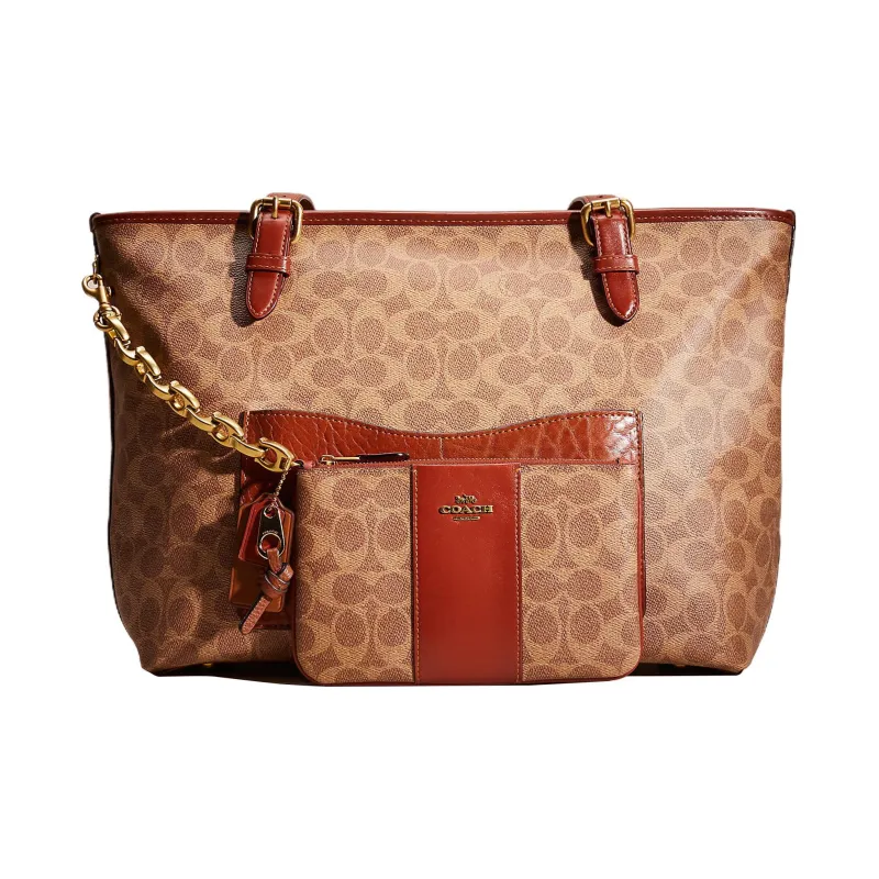 COACH Taylor Coated Canvas With Calfskin Tote Bag Shopping Bag Shoulder Bag Handbag Large Size Women's Tan-1