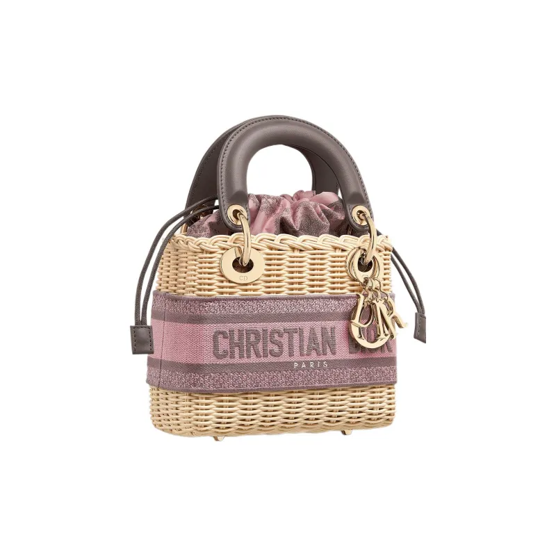 DIOR Lady Dior Wicker Dior Bag Shoulder Bag Crossbody Bag Handbag Mini Women's Natural/Pink/Gray-1