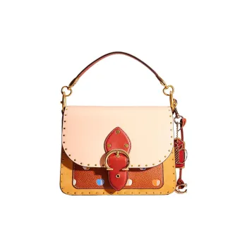 COACH Beat Leather With Suede Saddle Bag Handbag, Shoulder Bag Medium Size Women's Blush & Natural