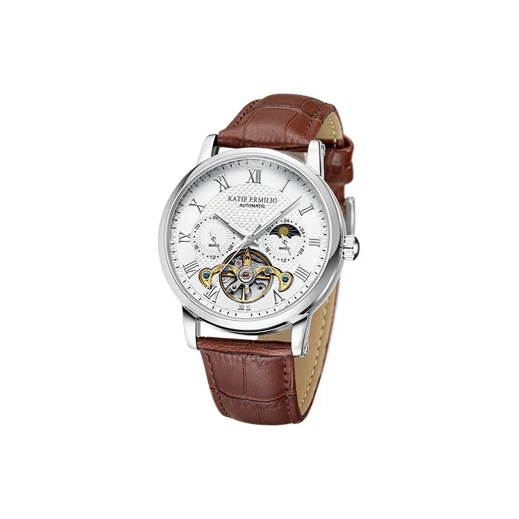 Katie Ermilio Wrist Watch Automatic Mechanical Movement Genuine Leather Strap White Dial Men's Watches-22