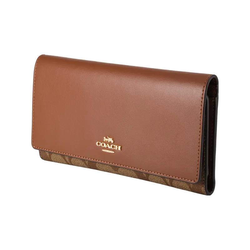 COACH Trifold Wallet Canvas Leather Clutch Wallet Women's Brown-1