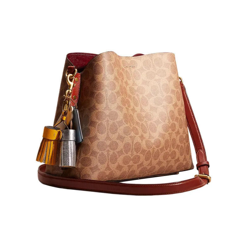 COACH Willow Coated Canvas With Shell Pattern Leather Bucket Bag Portable Crossbody Bag Shoulder Bag Women's Tan-1