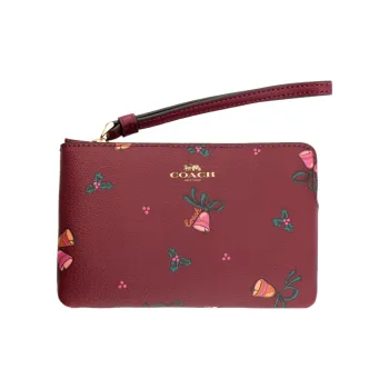 COACH Corner Zip Coated Canvas With Leather Wrist Bags Clutches Small Size Women's Cherry Red