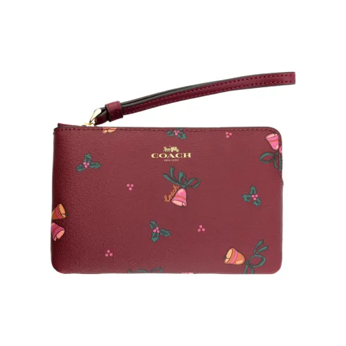 COACH Corner Zip Coated Canvas With Leather Wrist Bags Clutches Small Size Women's Cherry Red
