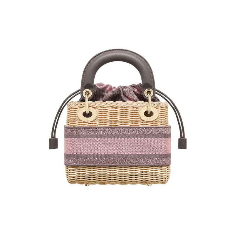 DIOR Lady Dior Wicker Dior Bag Shoulder Bag Crossbody Bag Handbag Mini Women's Natural/Pink/Gray-2