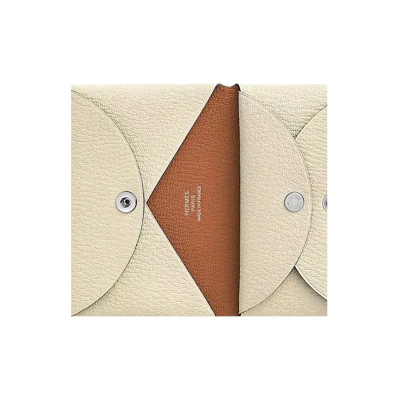 HERMES Calvi Duo Goatskin Wallet, Card Holder, Coin Purse Women's Cream White & Wood Color-7