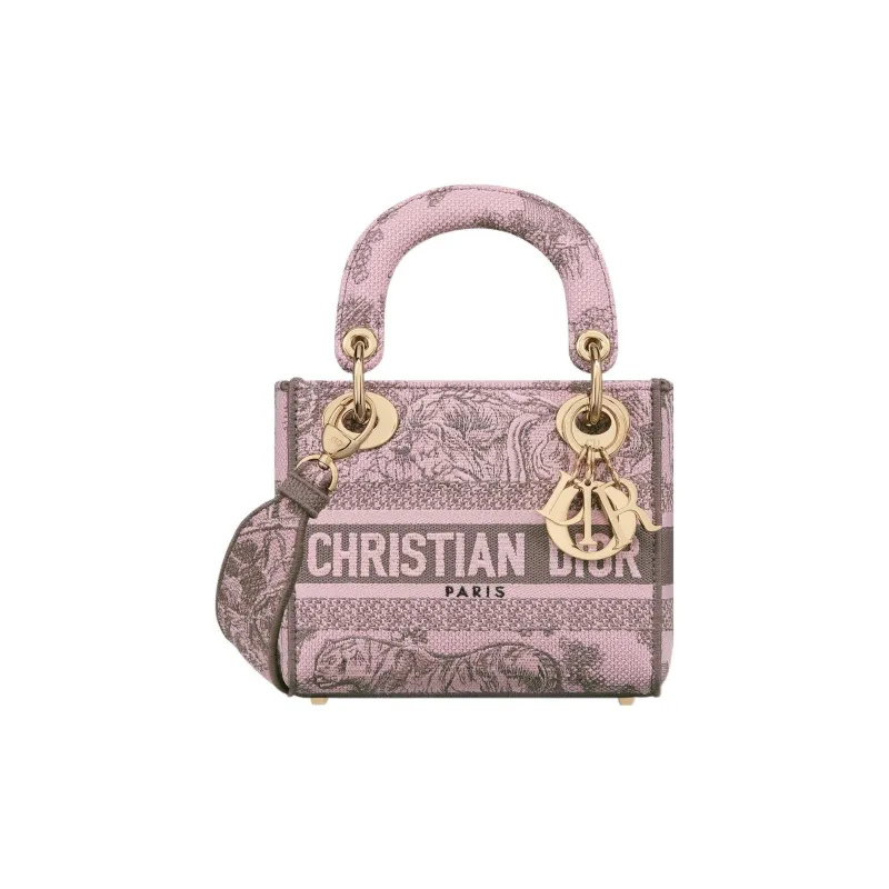 DIOR Lady D-Lite Embroidery One Shoulder Crossbody Daphne Bag Handbag Mini Women's Pink/Gray-0