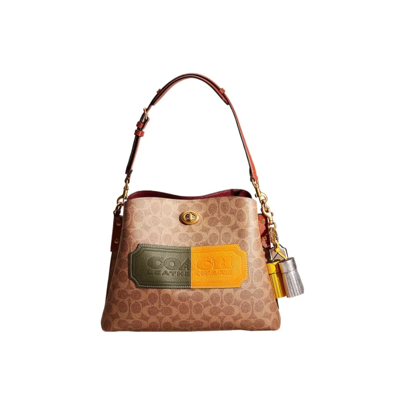 COACH Willow Coated Canvas With Shell Pattern Leather Bucket Bag Portable Crossbody Bag Shoulder Bag Women's Tan-0