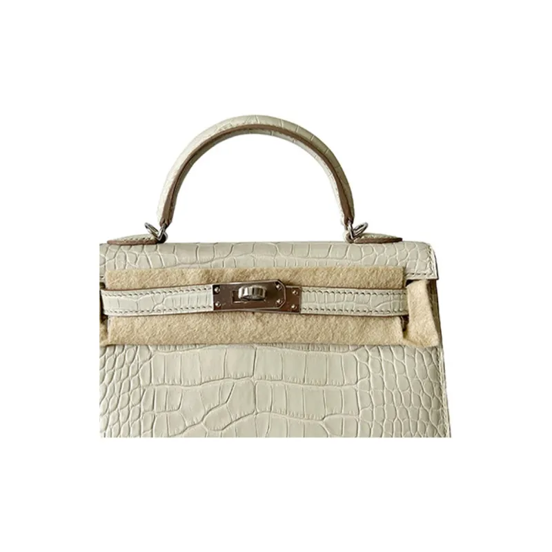 HERMES Mini Kelly 2nd Generation Matte Crocodile Leather Kelly Bag Handbag Women's 8L Beton Glacier White-2