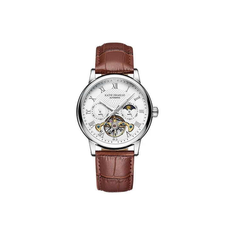 Katie Ermilio Wrist Watch Automatic Mechanical Movement Genuine Leather Strap White Dial Men's Watches-21