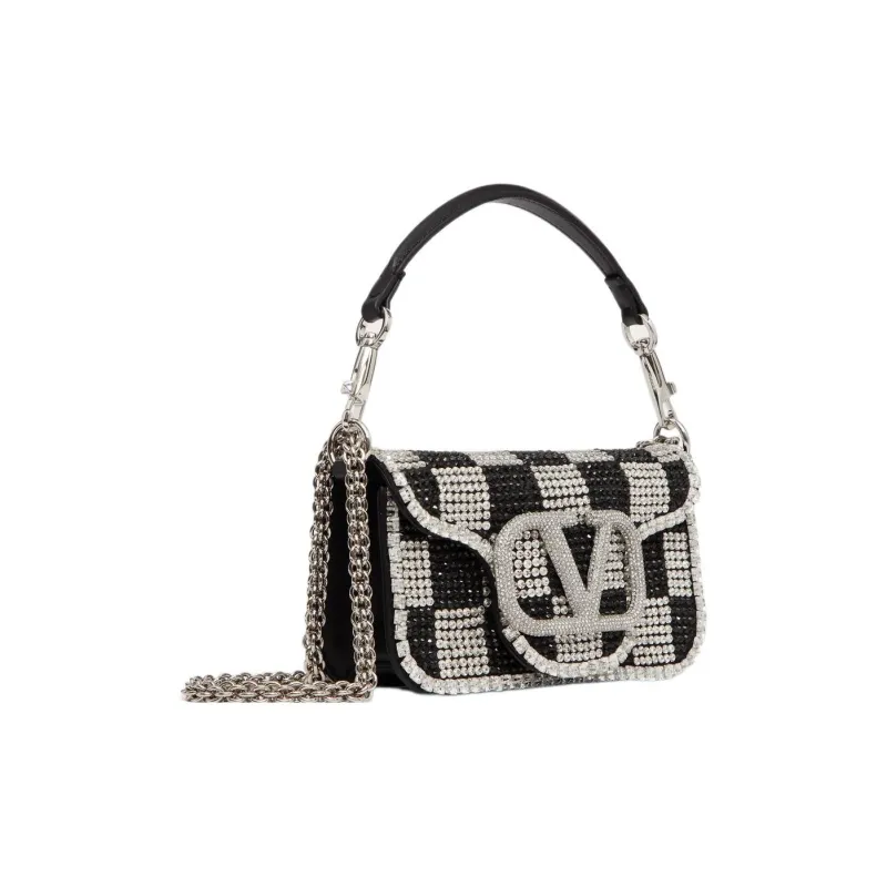 Valentino Locò Crystal Crossbody Handbag Shoulder Bag Small Size Women's Crystal Spelling Black-1