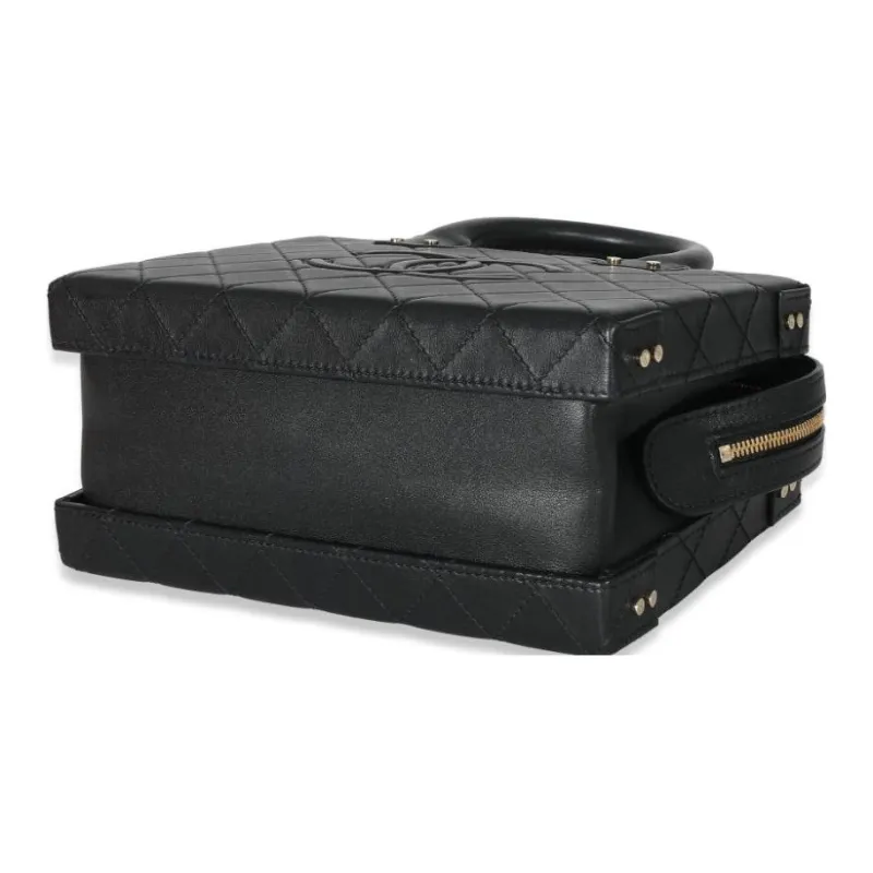 CHANEL Cow Leather Makeup Bag Briefcase Handbag Trumpets Women's Black-3