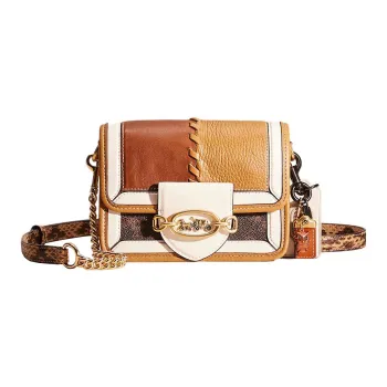 COACH Canvas With Calfskin Messenger Bag, Shoulder Bag, Crossbody Bag Trumpets Women's Khaki & Red Brown