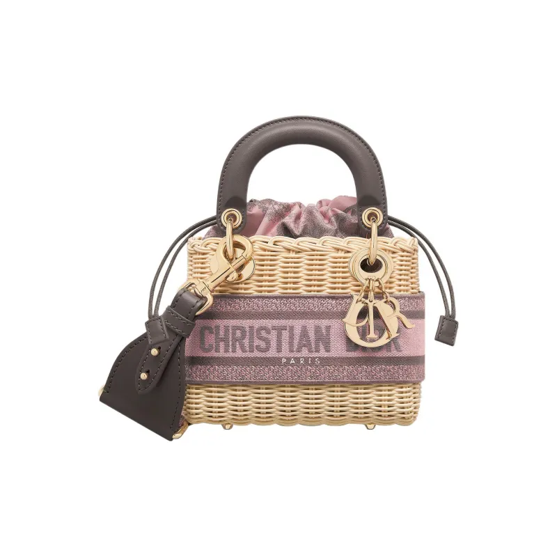 DIOR Lady Dior Wicker Dior Bag Shoulder Bag Crossbody Bag Handbag Mini Women's Natural/Pink/Gray-0