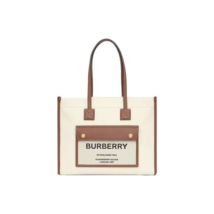Burberry Freya Cotton With Calfskin Tote Bag, Shopping Bag, Handbag, Shoulder Bag Women's-0