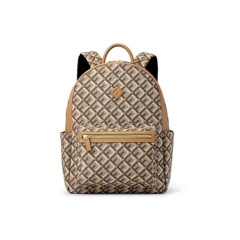 FION Fabric Cow Leather Patchwork Backpack Medium Size Women's Multicolor Camel