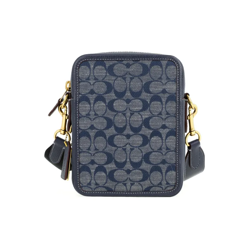 COACH Sullivan Jacquard Fabric With Cow Leather Patchwork Shoulder Bag Crossbody Bag Small Size Men's Denim-3