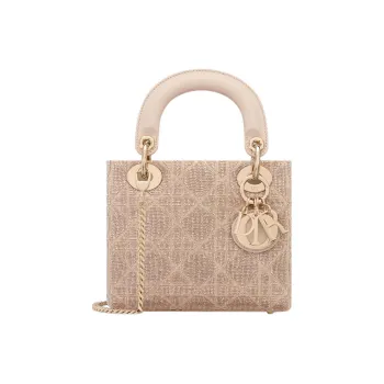 DIOR Lady Dior Cotton Beaded Embroidery Shoulder Bag Crossbody Bag Handbag Mini Women's Caramel Beige