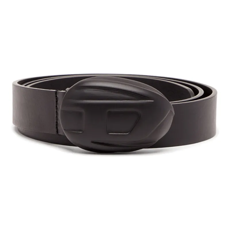 DIESEL Oval D Logo Solid Color Decoration Smooth Buckle Leather Belts Men's Black Width 2.9cm-0
