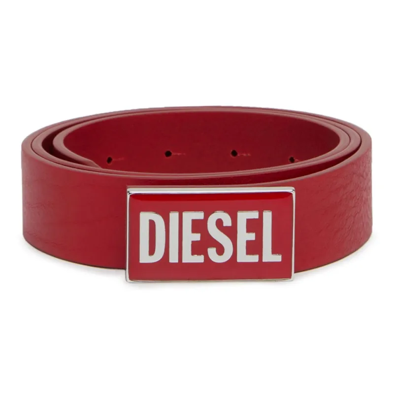 DIESEL Letter Logo Decoration Smooth Buckle Cow Leather Belts Women's Red Width 3CM-0