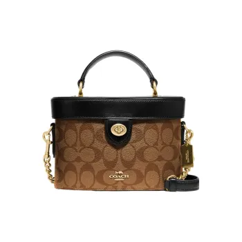 COACH Kay Leather Box Bag, Shoulder Bag, Crossbody Bag, Handbag Small Size Women's Black & Brown Monogram