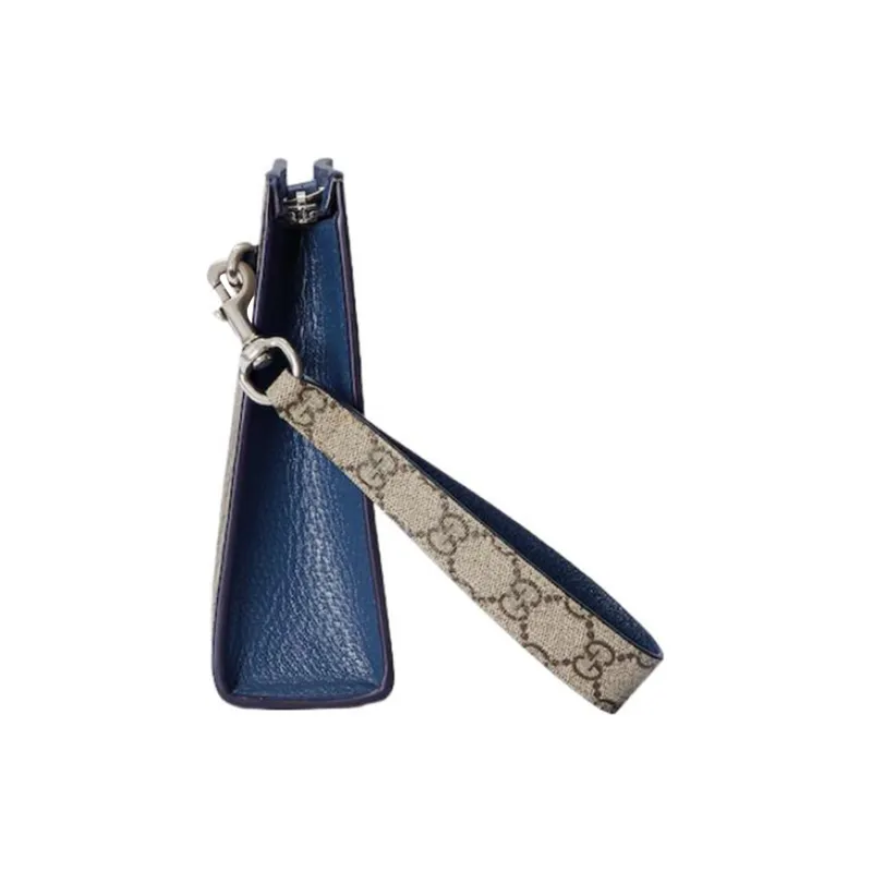 GUCCI Canvas With Leather Clutch Men's Blue & Beige-2