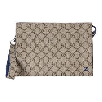 GUCCI Canvas With Leather Clutch Men's Blue & Beige