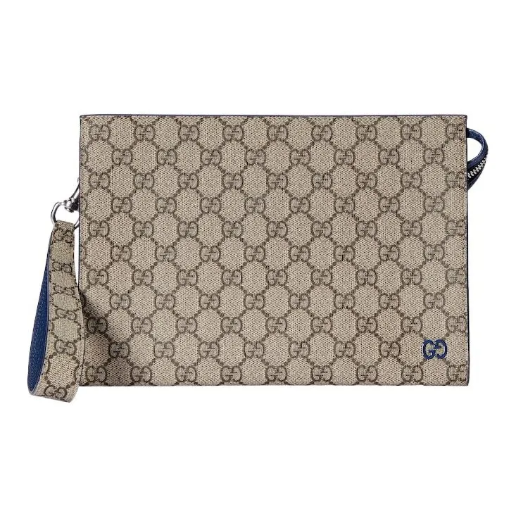 GUCCI Canvas With Leather Clutch Men's Blue & Beige-0