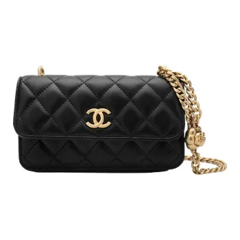 CHANEL Camellia Adjusting Buckle Chain With Gold Cc Logo Phone Holder Shoulder Bag Black