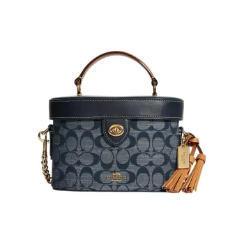 COACH Kay Fabric Cow Leather Patchwork Box Shaped Bag Shoulder Bag Crossbody Bag Small Size Women's Denim Denim Blue