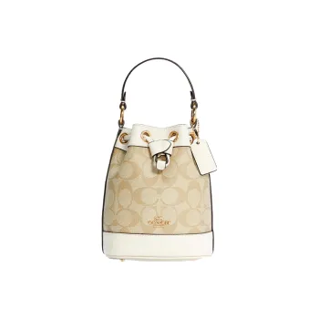 COACH Dempsey Canvas Coated Patchwork Cow Leather Bucket Bag, Handbag, Crossbody Bag Mini Women's Light Khaki