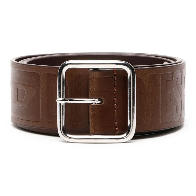 DIESEL Logo Letter Print Pin Buckle Cow Leather Belts Men's Brown-0