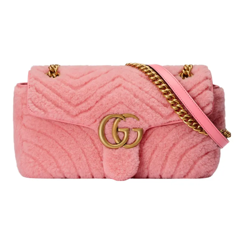 GUCCI GG Marmont Quilting Shearling Crossbody Bag Shoulder Bag Small Size Women's Light Pink-0