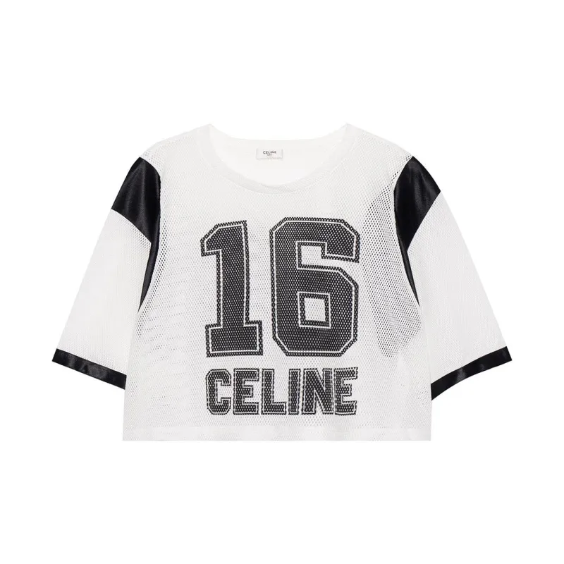 CELINE SS23 Cropped CELINE 16 T-shirt In Jersey Mesh White-1