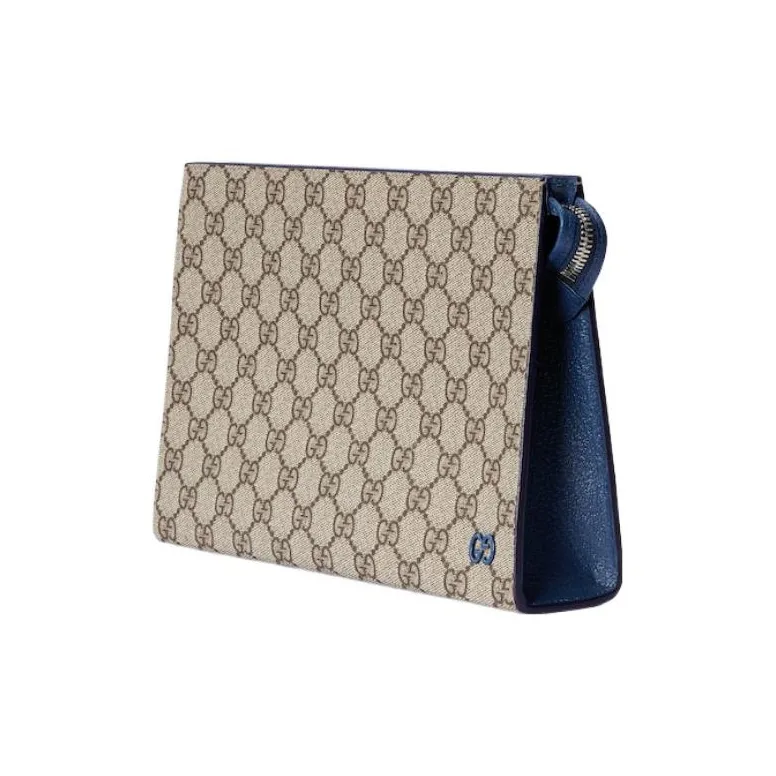 GUCCI Canvas With Leather Clutch Men's Blue & Beige-1