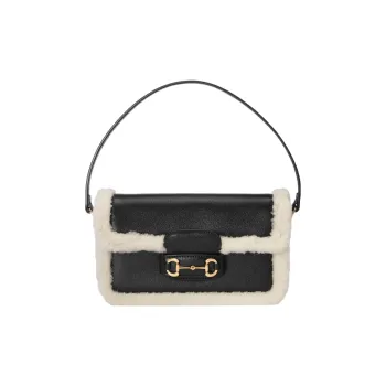 GUCCI Horsebit 1955 Leather With Shearling Handbag, Shoulder Bag Women's Black