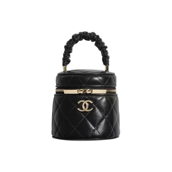 CHANEL Lambskin Handbag, Makeup Bag, Includes Makeup Mirror Small Size Women's Black