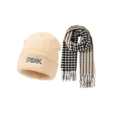 Beige Knitted Fabric Beanies+Warm Scarves