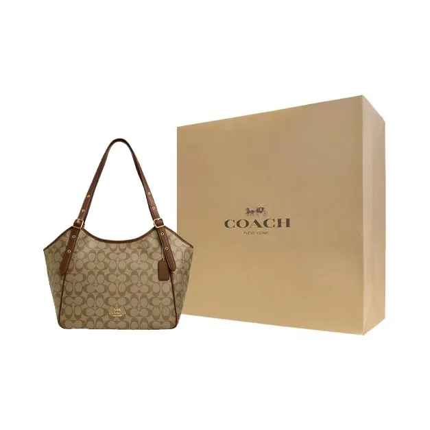 COACH Canvas With Leather Canvas Bag Tote Bag Shopping Bag Handbag Shoulder Bag Women's Khaki-5