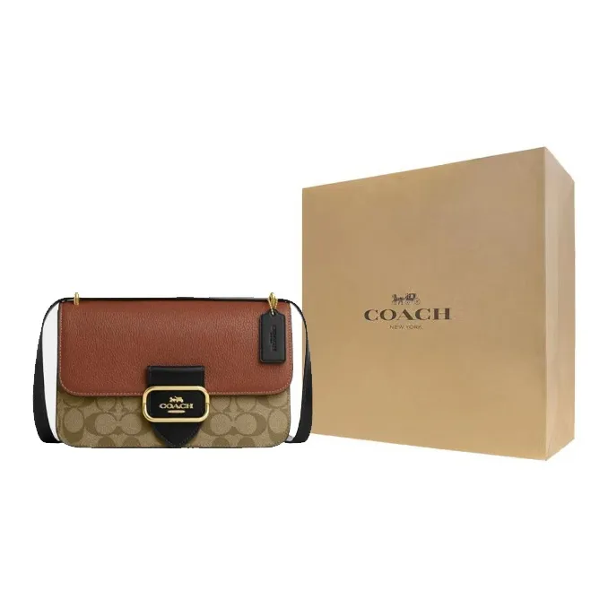 COACH Morgan Square Fabric With Leather Shoulder Bag, Crossbody Bag Medium Size Women's Khaki & Brown-5