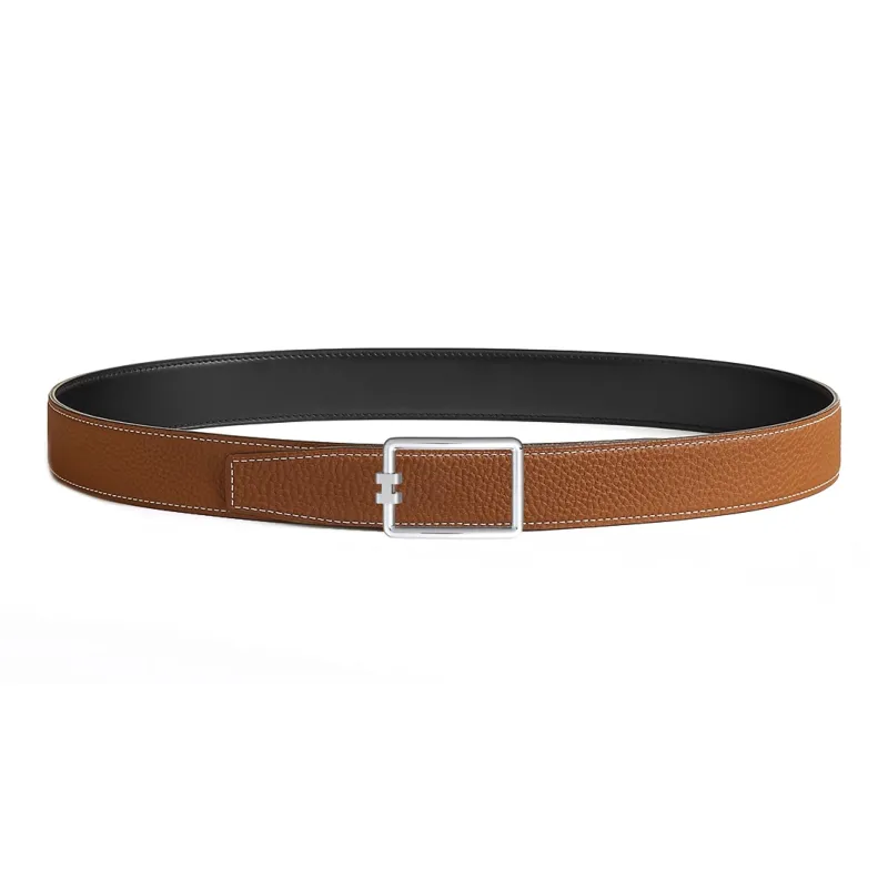 HERMES Tube H Calfskin, Palladium Plated Metal Leather Belts Unisex Black/Brown Width 3.2cm-1