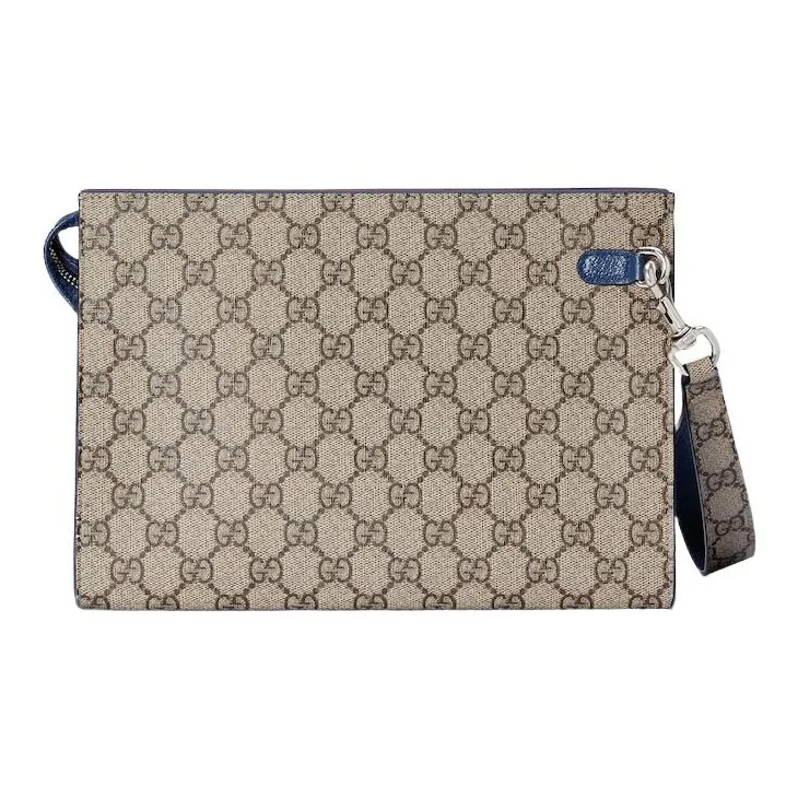 GUCCI Canvas With Leather Clutch Men's Blue & Beige-3
