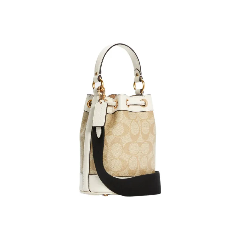 COACH Dempsey Canvas Coated Patchwork Cow Leather Bucket Bag, Handbag, Crossbody Bag Mini Women's Light Khaki-1