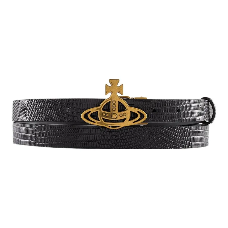 Vivienne Westwood Small Line Orb Buckle Emblem Pattern Decoration Smooth Buckle Leather Belts Men's Black Width: 3cm-0